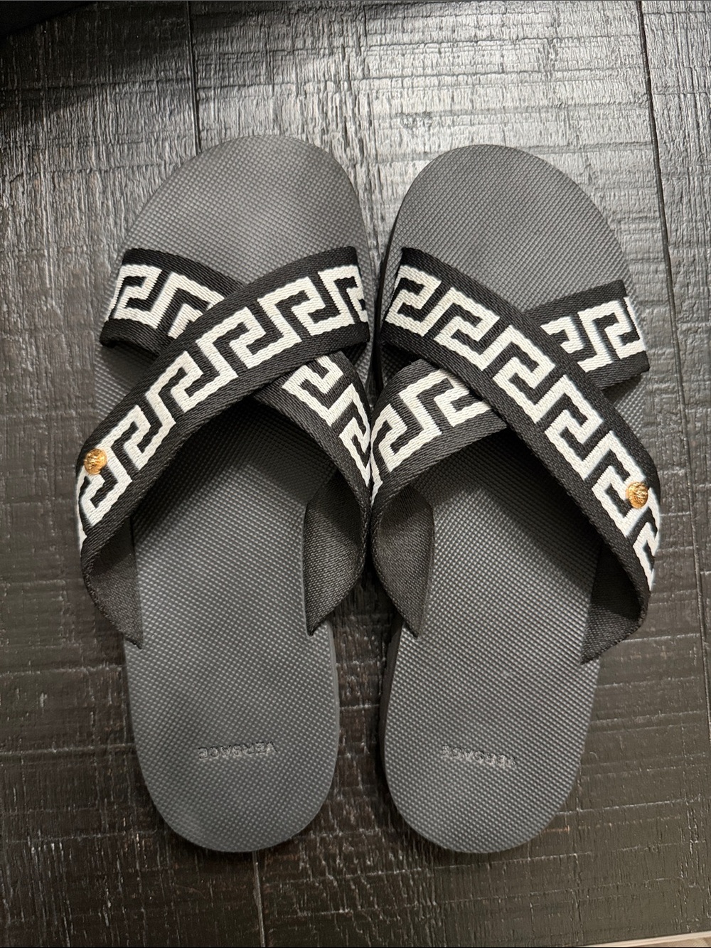 Versace Black & White Greek Key Cross-Strap Sandals